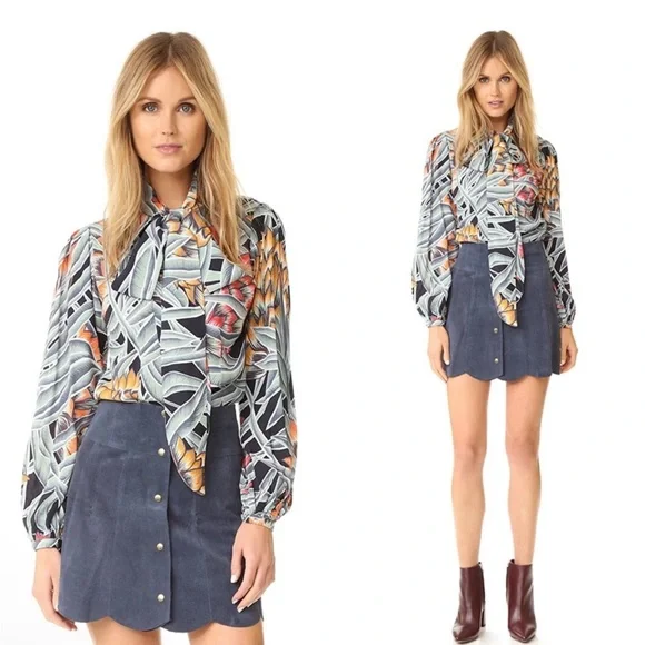 REVOLVE MARA HOFFMAN Black Green Red Tropical Print Tie Neck Deep V Blouse Top - Picture 8 of 15